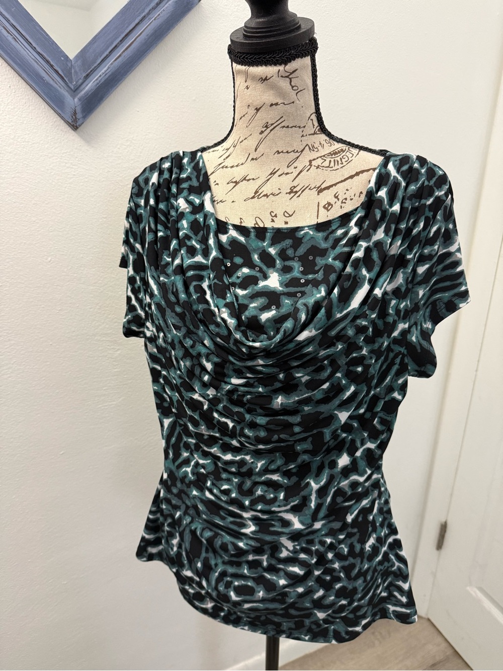 Studio Works Teal and Black Draped Cowl-Neck Blouse
